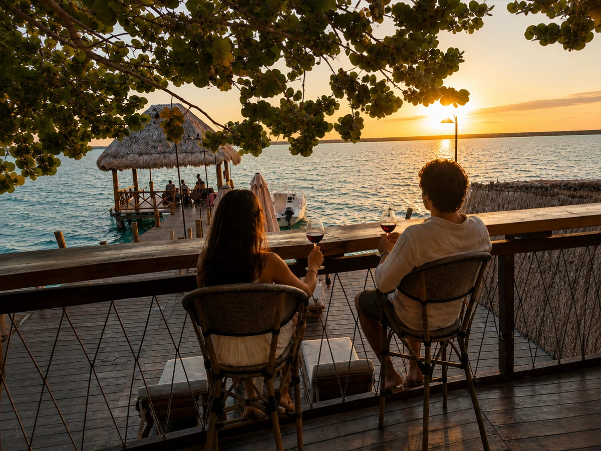 Pareja cenando frente a la laguna al atardecer